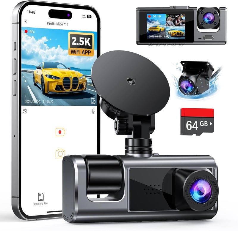 galphi 3 Channel WiFi Dash Cam Front and Rear Inside with 64GB SD Card, 2.5K+1080P+1080P Car Dash Camera for Cars Front and Rear, Dashcam with G-Sensor, Loop Recording, 24H Parking Mode, Support 512GB - Image 1
